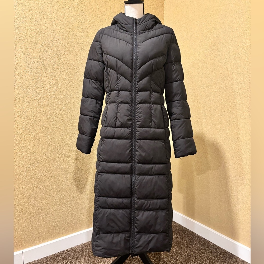 Bernardo Black Hooded Extra Long Quilted Puffer Coat